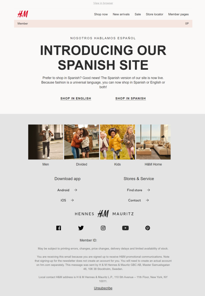 H&M new website announcement email