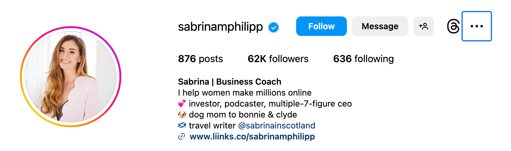 Instagram bio example: Sabrina Phillip