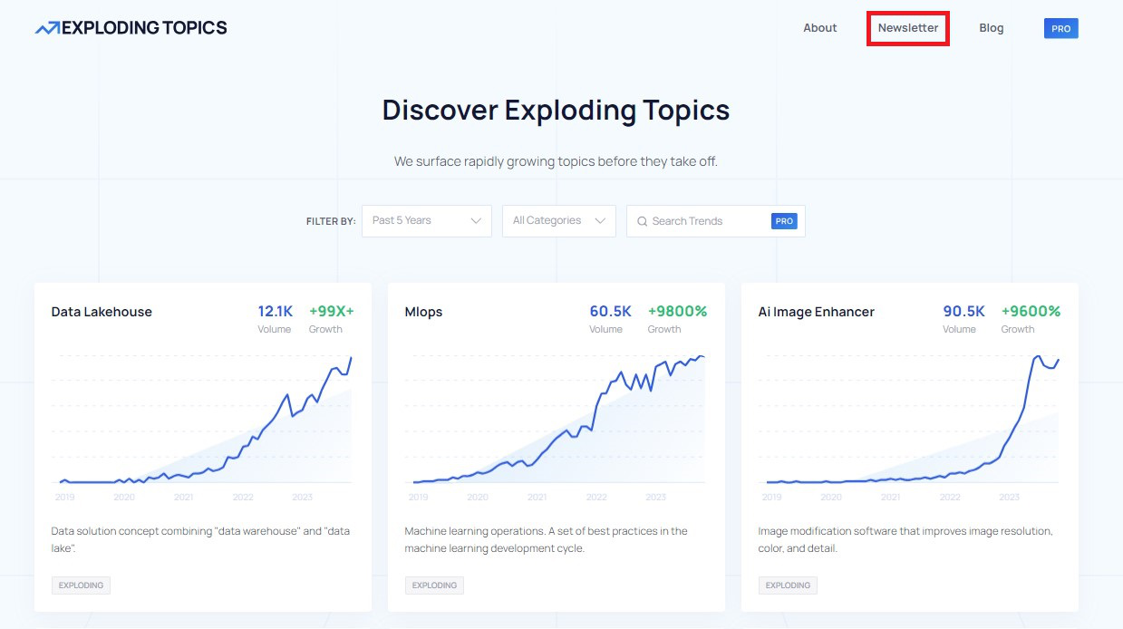 newsletter landing page in the header