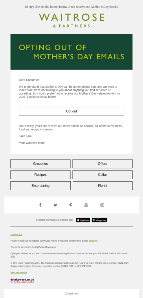 Mother's Day opt-out email by Waitrose