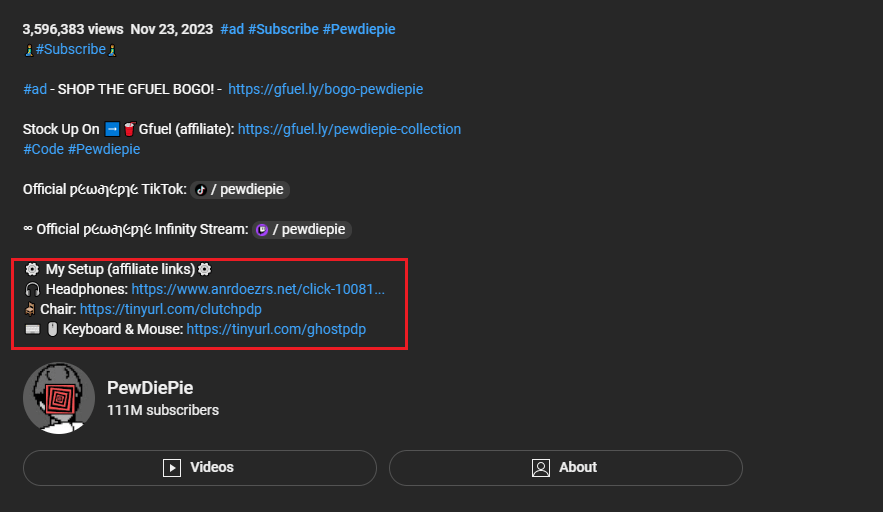 pewdiepie affiliate links in video description