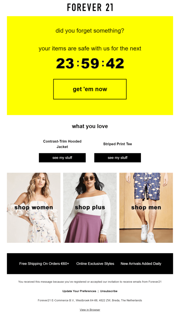 forever 21 abandoned cart email campaign